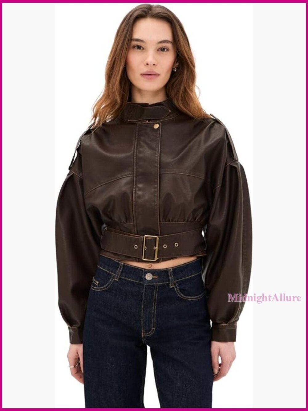 Faux Leather Bomber Jacket with Gold Buttons and Snap Cuffs